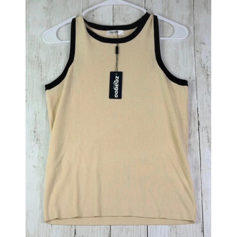 Zeagoo Womens Ribbed Knit Tank Top Beige Black Contrast Trim Viscose Size M NWT